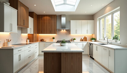 Fototapeta premium Modern Kitchen Design with White and Wood Cabinets