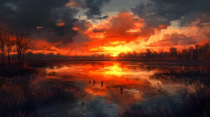 Obraz premium Fiery Sunset over Calm Lake Dramatic Sky Nature Scene