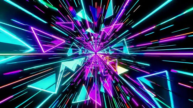 Glowing neon triangles racing through a hyperspace tunnel, surrounded by colorful light trails, form a vibrant and futuristic scene bursting with energy and motion