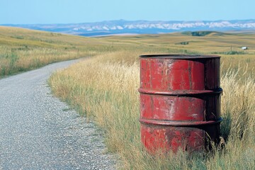 Obraz premium Red Barrel on a Rural Pathway Surrounded by Fields