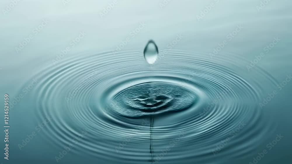 Poster Single drop of water creating mesmerizing concentric ripples on a calm surface, reflecting the drop and ripples in vibrant shades of blue and turquoise, evoking tranquility and freshness