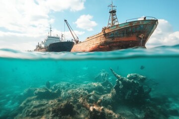 Obraz premium Abandoned shipwreck partially submerged in clear turquoise water.