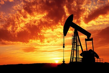 Silhouetted Oil Pump Jack Against a Stunning Sunset Sky with Vibrant Colors, Symbolizing Energy Production and Natural Resources Exploration