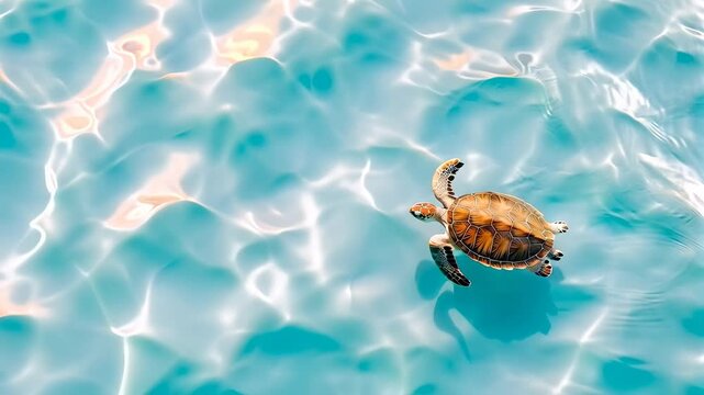 Top view of a sea turtle swimming in the ocean, its shell gleaming in the sunlight filtering through the clear turquoise water, creating a serene and captivating scene of marine wildlife