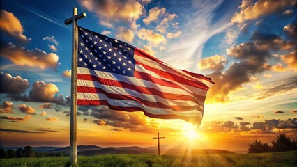 Panoramic American Flag with Christian Cross - Patriotic Landscape