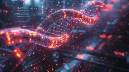 Glowing 3D DNA Holograms Manipulated by Robotic Arms in Futuristic Biotech Lab