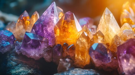 Crystal minerals display vibrant formations of amethyst, quartz, and citrine with natural light refraction, showcasing rough textures and iridescent surfaces in a mystical cluster arrangement.