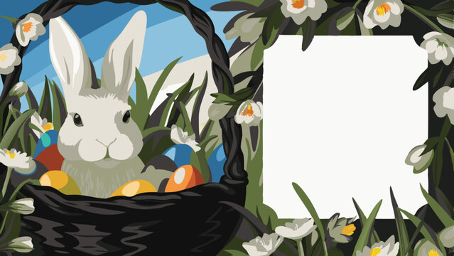 White Rabbit in Easter Basket with Colorful Eggs and Copy Space