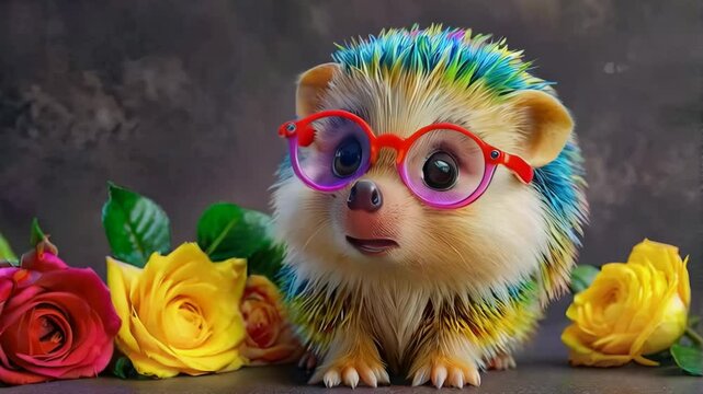 Colorful and Playful Hedgehog with Glasses Surrounded by Vibrant Roses Whimsical Scene for Cute Animal Lovers