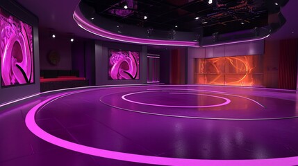 Futuristic purple studio with circular floor and abstract art.