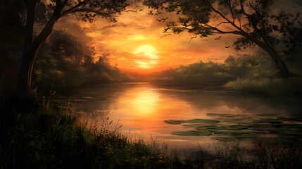 Naklejka premium Serene Sunset River Landscape Golden Hour Nature Scene
