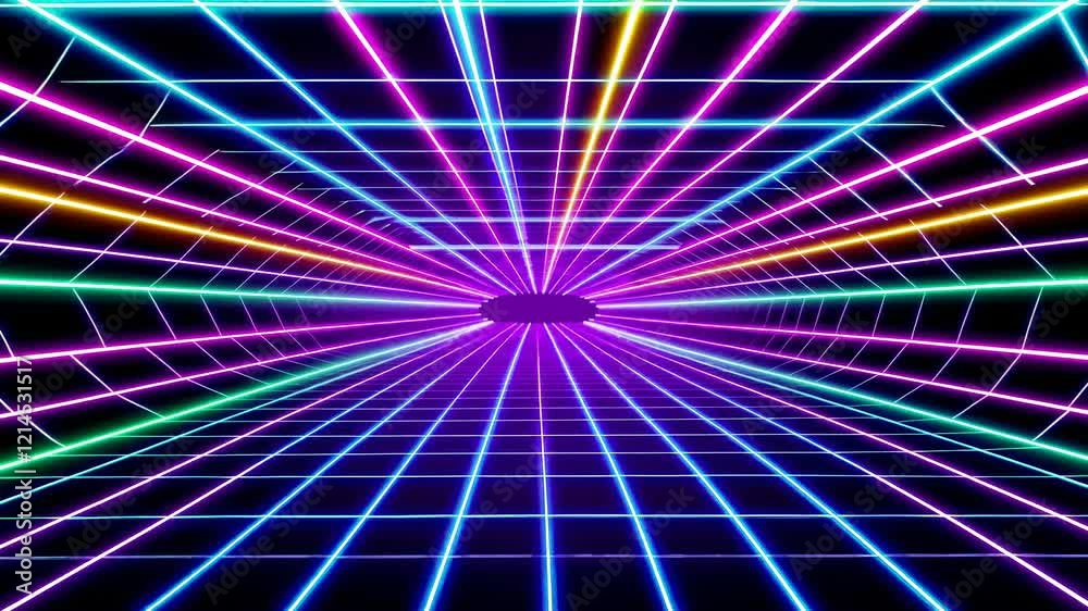 Wall mural colorful neon grid tunnel glowing in retro style with bright colors creating a futuristic and vibran