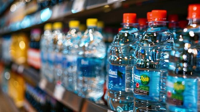 This Water bottles of different brands fill supermarket shelves, offering hydration options to customers.