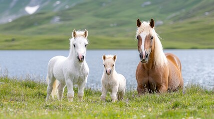 Obraz premium Horses and foal by mountain lake, summer pasture. Use idyllic family nature scene