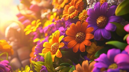 Fototapeta premium Vibrant sunlit floral bouquet close-up.