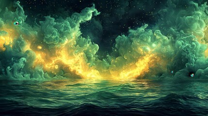 Surreal seascape with glowing, nebula-like clouds over a calm ocean at night.