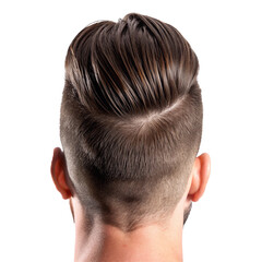 Obraz premium Men's Hairstyle: Undercut Pompadour Back View, Stylish Brown Hair, Tapered Sides, Clean Cut