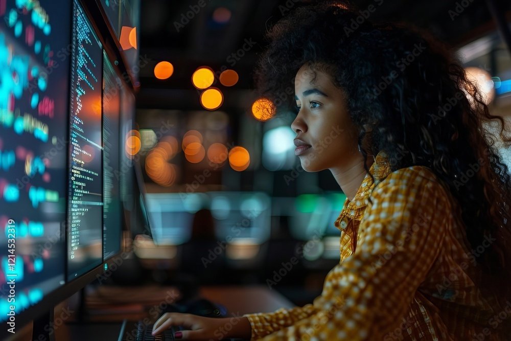 Poster programmer woman of african american descent working on coding project on computer