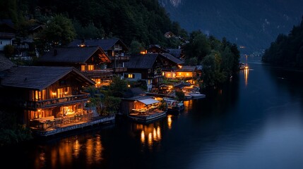 Obraz premium Night view of charming lakeside village with illuminated houses.