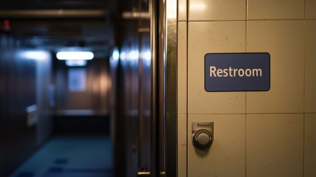 A simple restroom door with a clear "Restroom" sign, located in a busy public space.