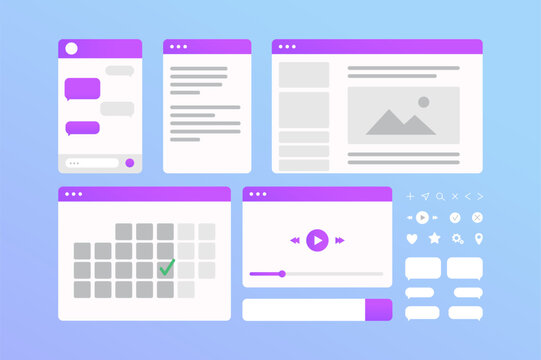 Web windows flat cartoon vector collection. Minimalistic simple style elements. Chat, list, web page, calendar, video, placeholder, and icons collection.