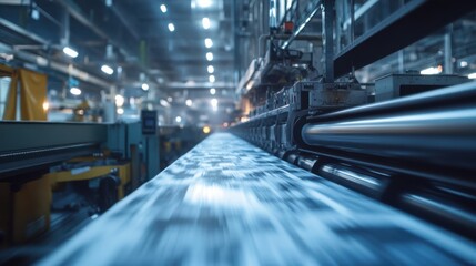 A manufacturing facility with machinery producing materials, illuminated by bright lights, showcasing a streamlined production process.