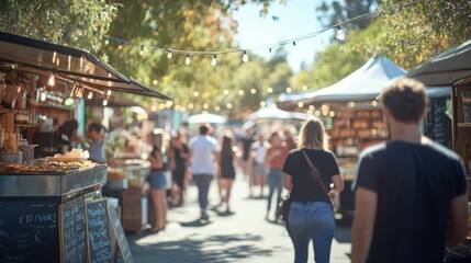 A bustling outdoor market scene filled with people, food stalls, and vibrant tents under sunny skies, creating a lively and festive atmosphere.