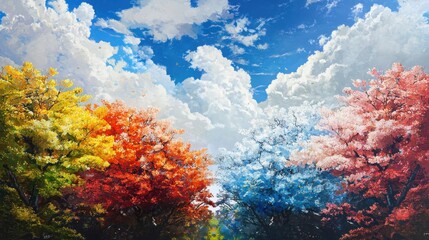 Fototapeta premium Vibrant spring landscape with colorful blossoming trees nature reserve artistic representation tranquil environment wide-angle view symbolizing nature's resurrection