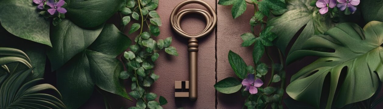 Antique key surrounded by lush green foliage, wooden background. Secret garden concept