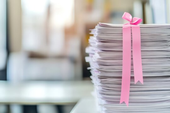 Stacked Papers with Pink Ribbon on White Desk