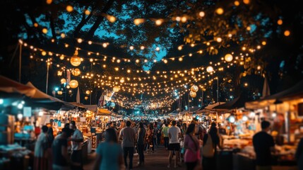 A vibrant night market illuminated by glowing lanterns, bustling with visitors amidst colorful stalls and a magical atmosphere.