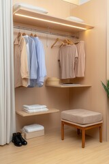 Modern closet with organized clothes and stylish seating area.
