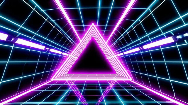 Bright neon synthwave retro triangle tunnel featuring vibrant blue and purple lights. Creating an endless forward motion. Capturing the essence of the 1980s with dynamic energy and futuristic design