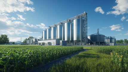 Obraz premium A modern grain storage facility surrounded by lush green fields under a clear blue sky, showcasing agricultural development and sustainable practices.
