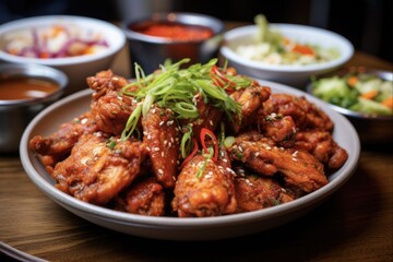 Fototapeta premium Korean Galbi-Style Chicken Wings: Crispy Fried Wings with Chili Galbi Sauce, Served with Kimchi, Pickled Radish, and Rice