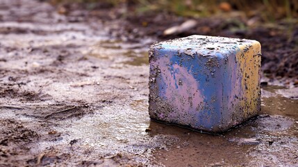 Fototapeta premium Mud-splattered cube on muddy ground near puddle.