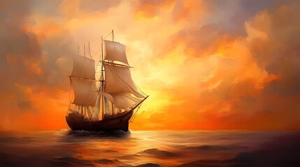 Obraz premium Sunset Sailboat Painting Ocean Landscape Golden Hour Seascape