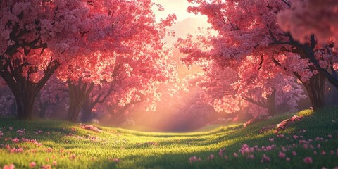 Fototapeta premium Tranquil Pink Blossom Trees In A Sunlit Meadow