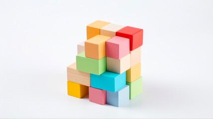 Logical Decision Making: Cube Made of Multicolored Wooden Figures on White Background - Concept of Reason, Logic, and Rational Solution