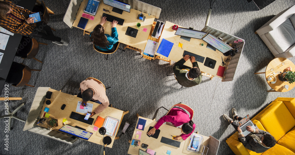 Poster top down view: diverse team of professionals working with digital projects in a corporate office of 