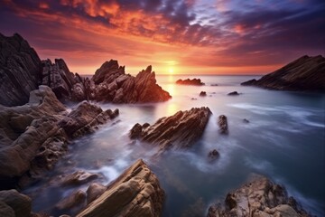 Fototapeta premium Long Exposure Seascape: Capturing the Serenity of a Rock Formation in the Shimmering Sunset Reflection amidst Blue Waters