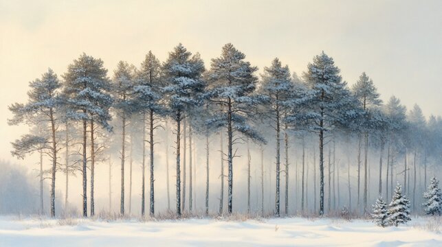 Winter sunrise, snow-covered pine forest, misty landscape, serene nature scene, ideal for calendar or website background