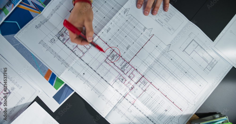 Poster top down view: close up on engineer's hand. person making a round mark with red pen on a real estate