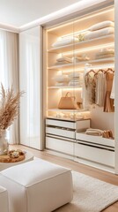 Stylish modern wardrobe filled with organized clothing and decor.