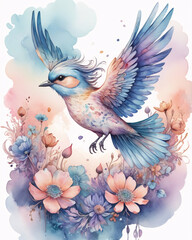 Obraz premium Flower Wings Bird: Surreal Watercolor Soaring in Soft Pastel Sky