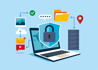 Shield with padlock inside on screen laptop. Concept of data security technology. Storage and indexing of information. Flat vector illustration.