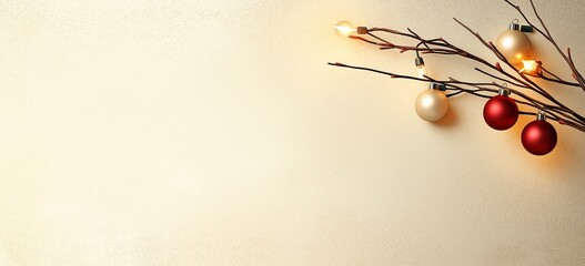 Fototapeta premium Elegant Christmas Decoration with Ornaments on Bare Branches Set Against Soft Textured Background