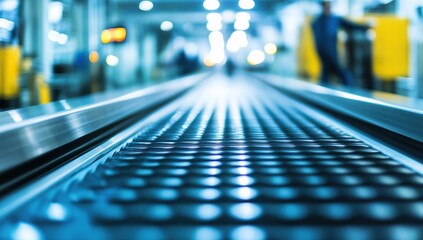 A close-up shot of the steel sheet on an industrial conveyor belt in motion