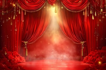 A lavish stage backdrop features a red curtain that is slightly parted in the middle, with gold tassels and soft spotlights illuminating the opening, creating an elegant and dramatic atmosphere
