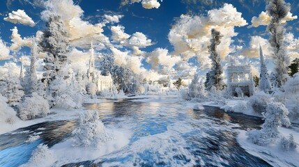 Winter Wonderland River Scene  Snowy Landscape  Frozen Trees  and Ancient Architecture